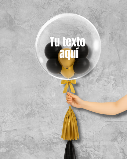 Globo burbuja con globos negros y dorados