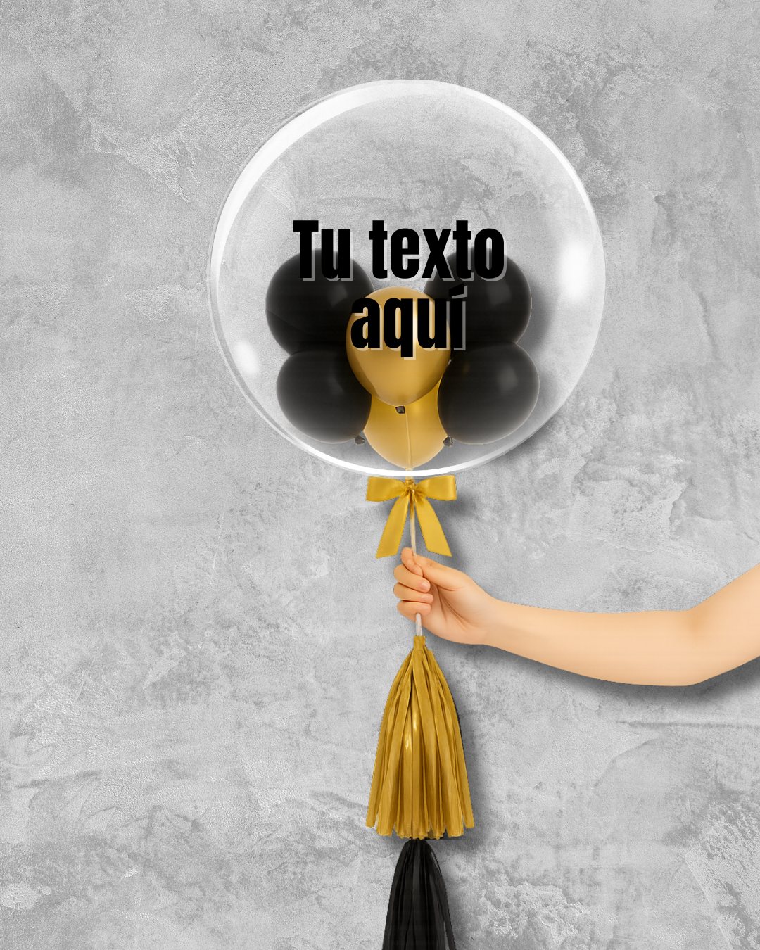 Globo burbuja con globos negros y dorados