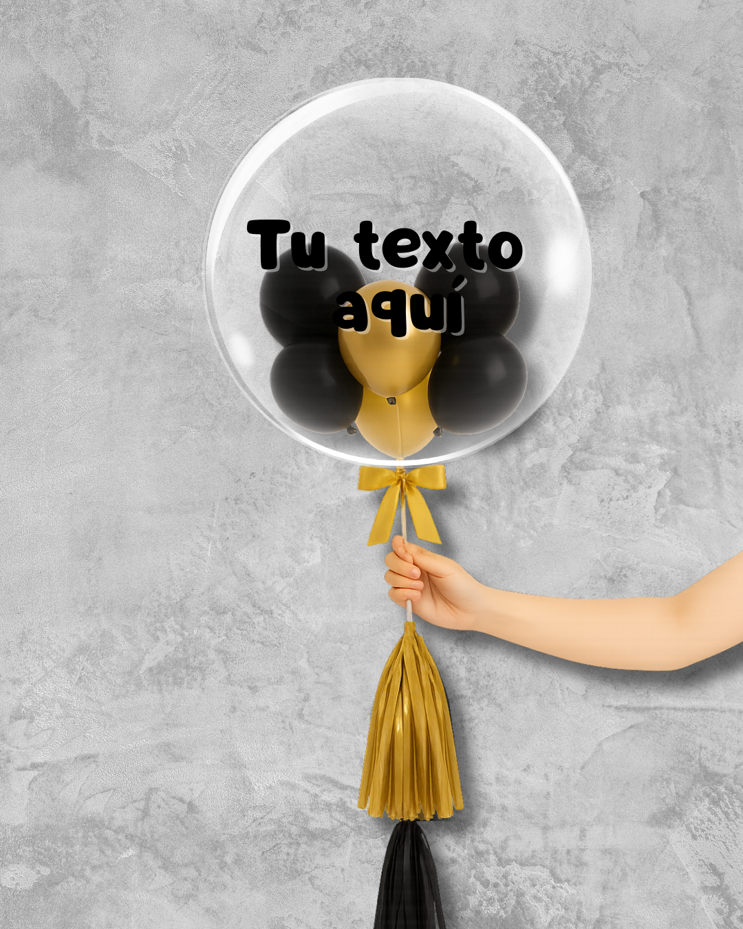 Globo burbuja con globos negros y dorados
