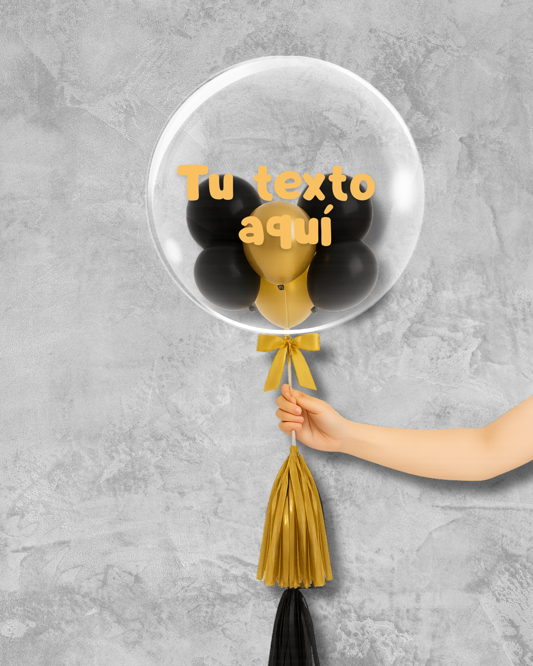 Globo burbuja con globos negros y dorados